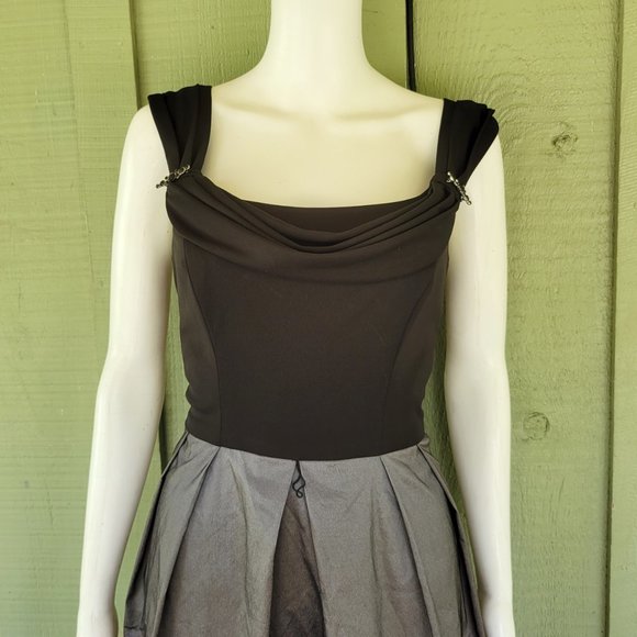 CHETTA B. Gray Silky Black Cocktail Dress 8 Draped Neckline. - Picture 2 of 4